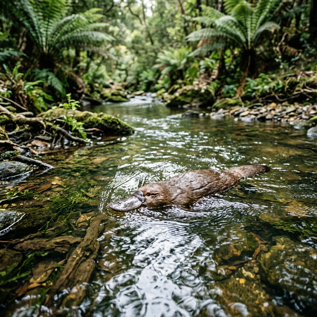 Platypus swimming in a clear stream with rocks and green plants around